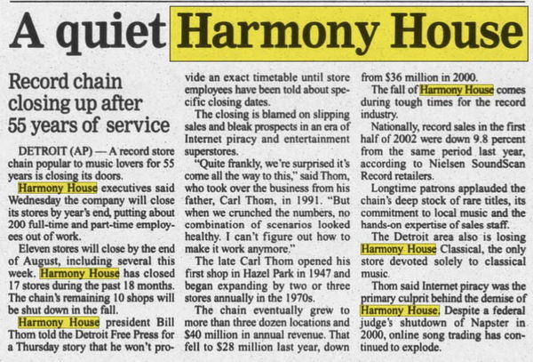 Harmony House Records and Tapes - 18 Jul 2002 Closing Article